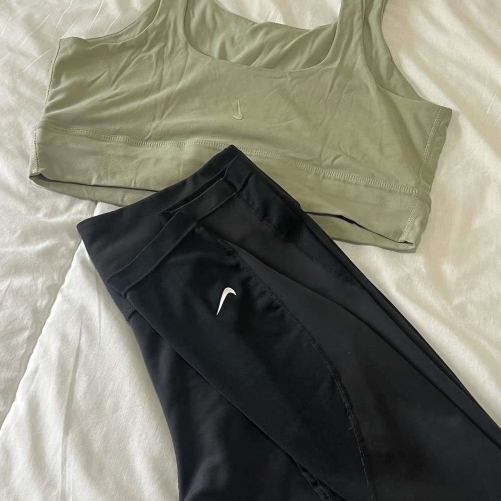 Nike Olive Sports Bra and Black Leggings